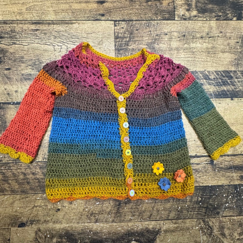 Kids Handmade‎ Crochet Rainbow Striped Cardigan Sweater With Flowers Buttons